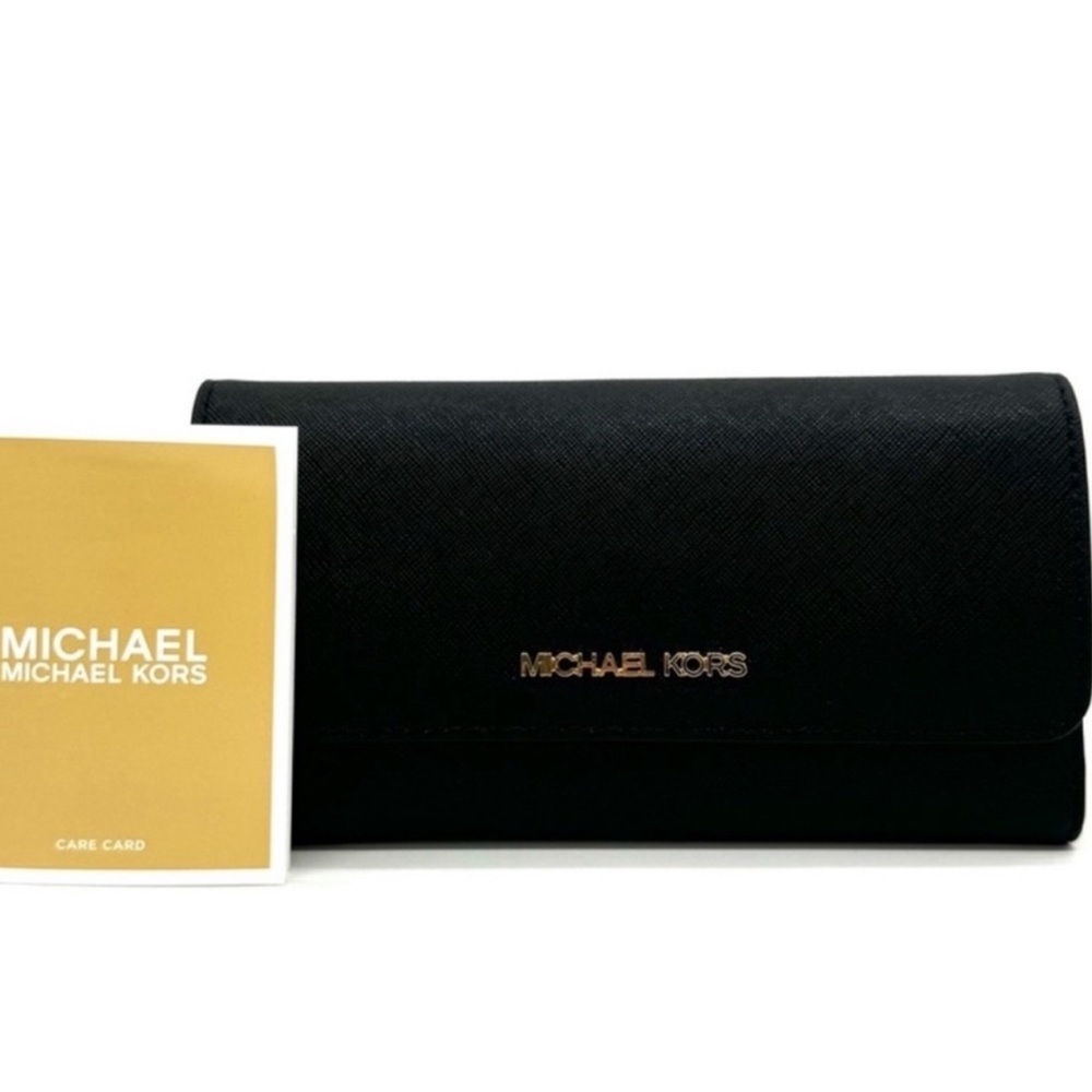 Michael Kors Large Trifold Wallet Black Leather Rich Black/Gold